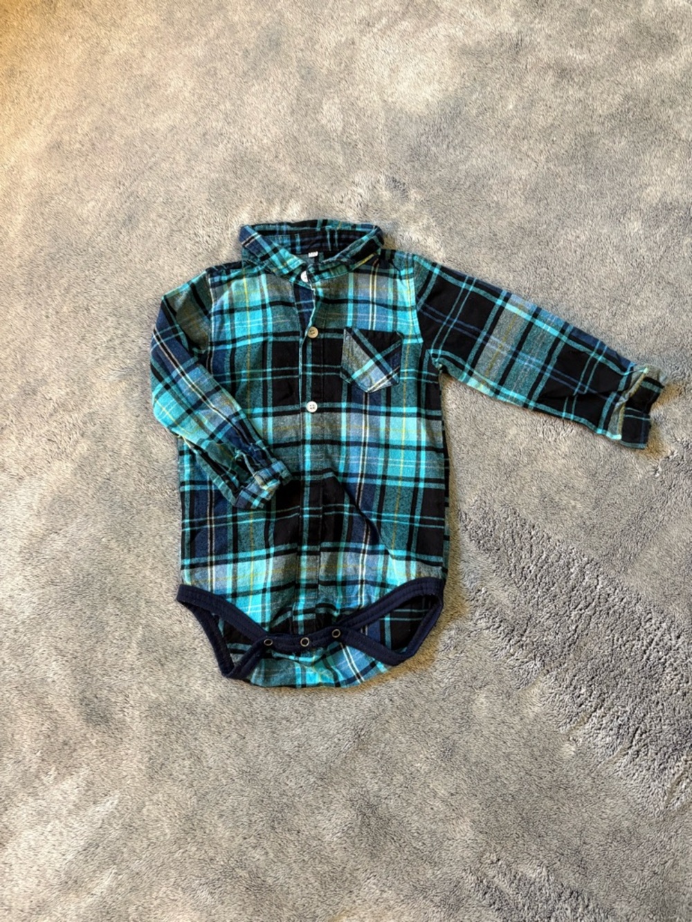 Teal and Navy Plaid Flannel Toddler Boys Collared Button Down Onesie Size 100